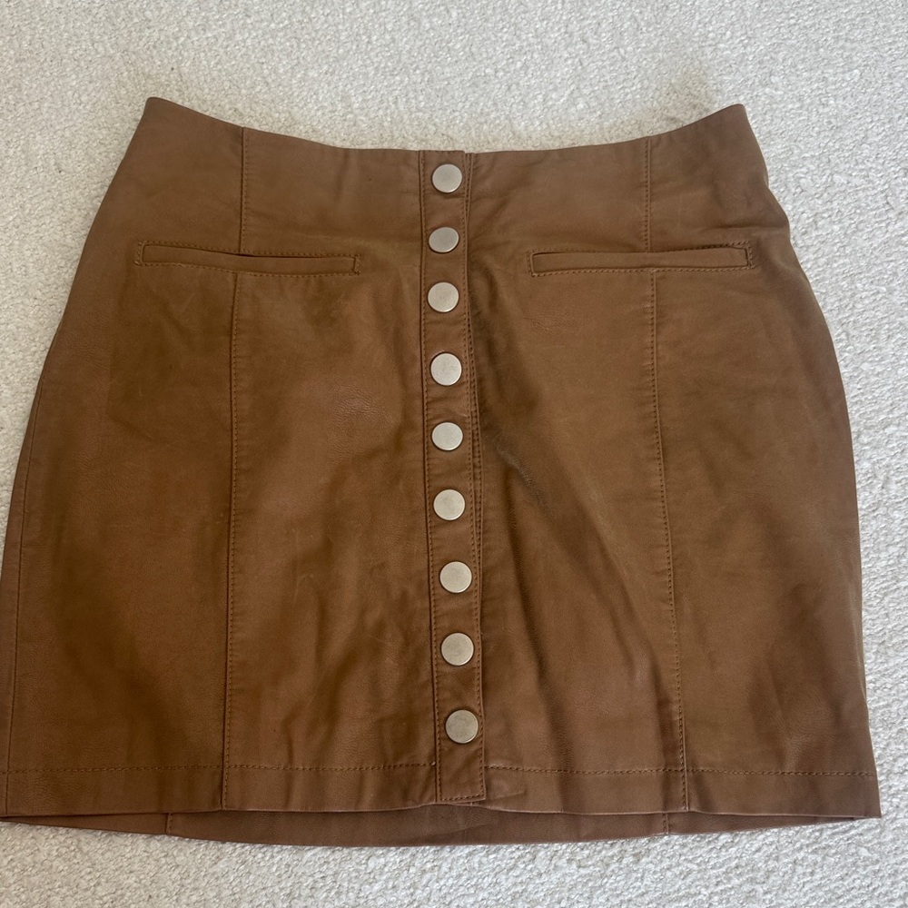 Free People Brown Mini Skirt (vegan leather) with Button Detail